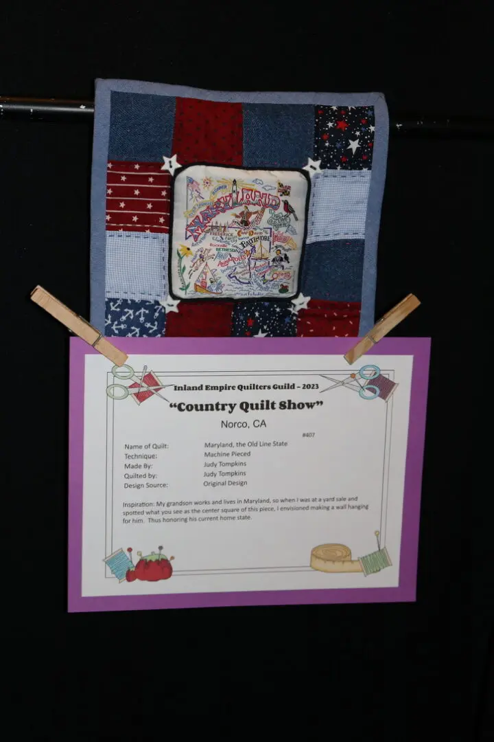 Patriotic quilt with Maryland map embroidery