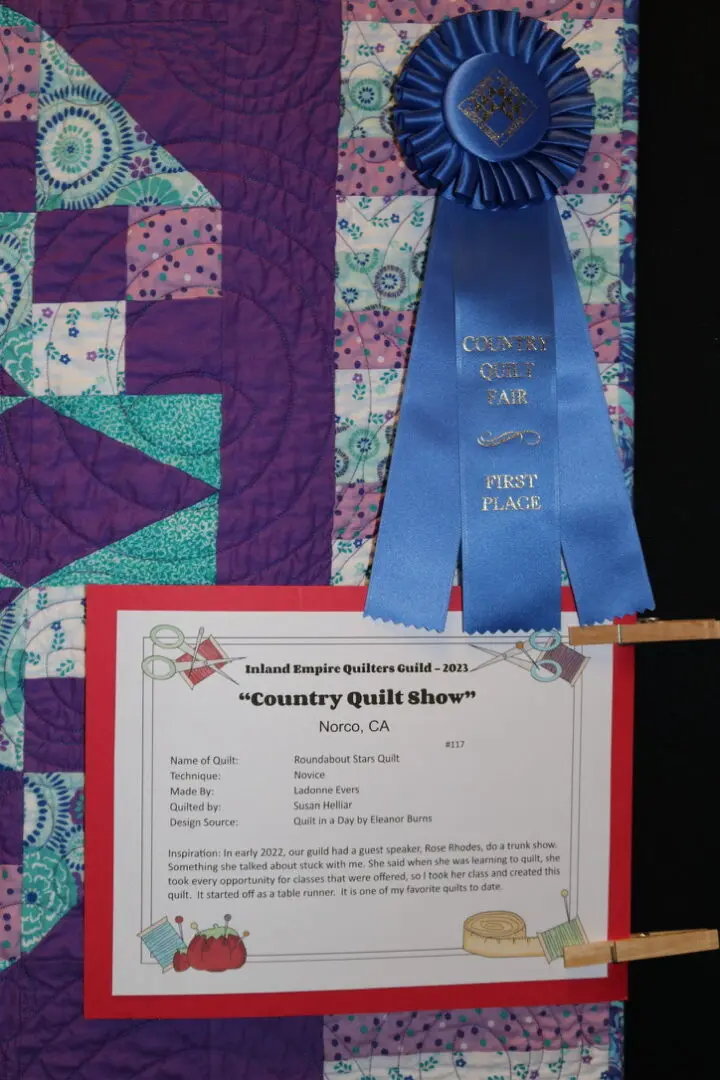 Quilt show award ribbon and certificate